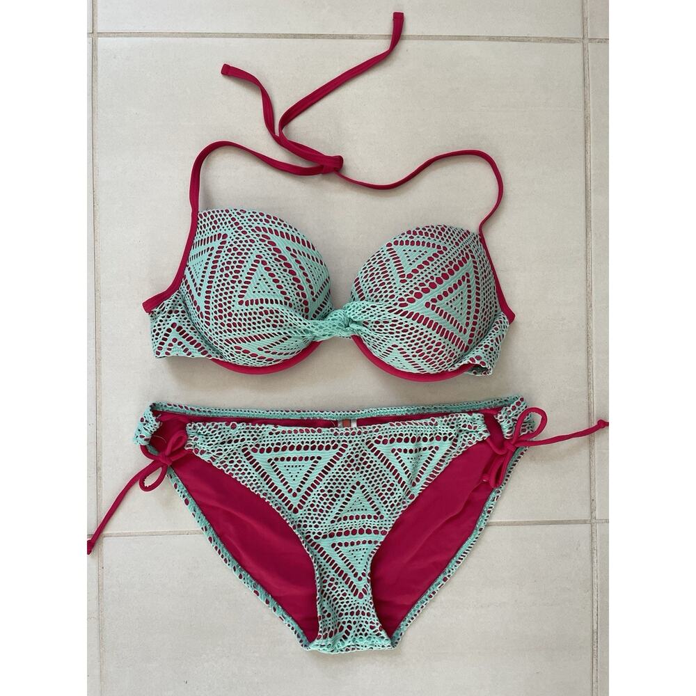 Apollo Swim Bikini Swimsuit Color Block Mesh Plunge Swimwear